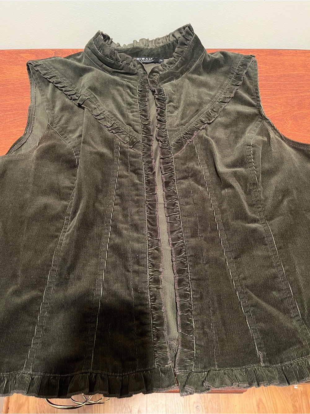 Tribal Olive Green Corduroy Sleeveless Ruffle-Trim Vest